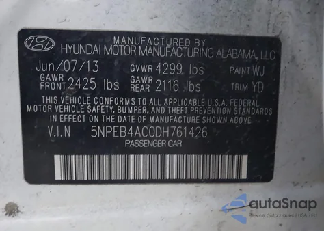 2013 Hyundai Sonata Gls z USA, uszkodzony, nr VIN 5NPEB4AC0DH761426